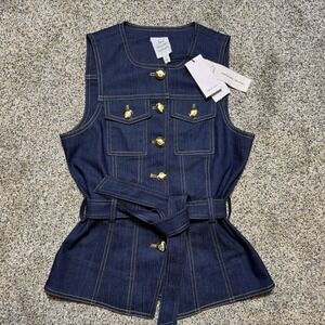 Cinq à Sept Reenee Denim Vest Indigo Blue Gold Crest Buttons Size XS NWT $325